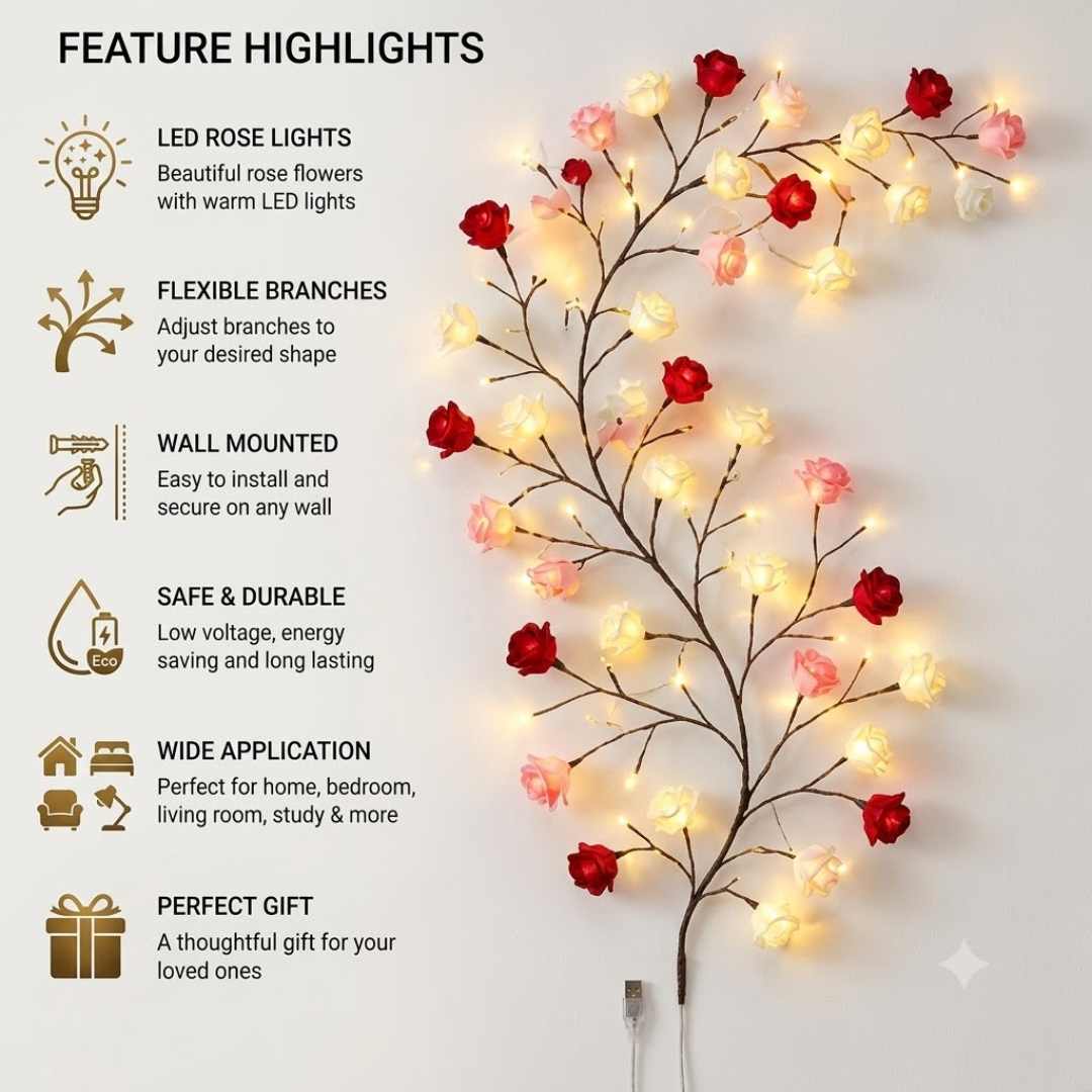 LED Rose Tree Branch Wall Vine Lights with Remote & USB (Warm Fairy Decor)