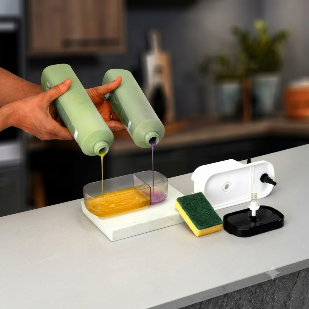 3-in-1 Dual Compartment Kitchen Soap Pump Dispenser with Sponge Holder & Hand Wash Bottle