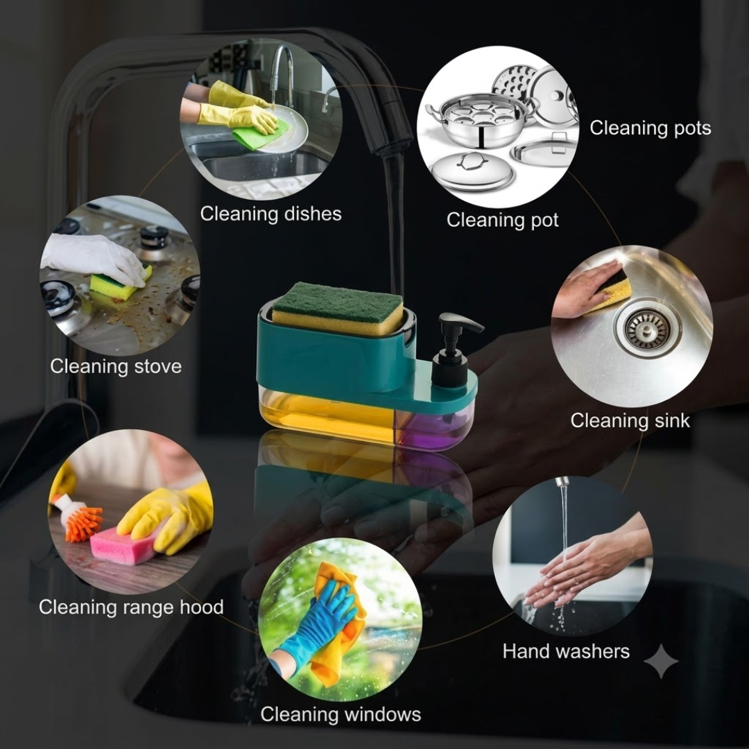 3-in-1 Dual Compartment Kitchen Soap Pump Dispenser with Sponge Holder & Hand Wash Bottle