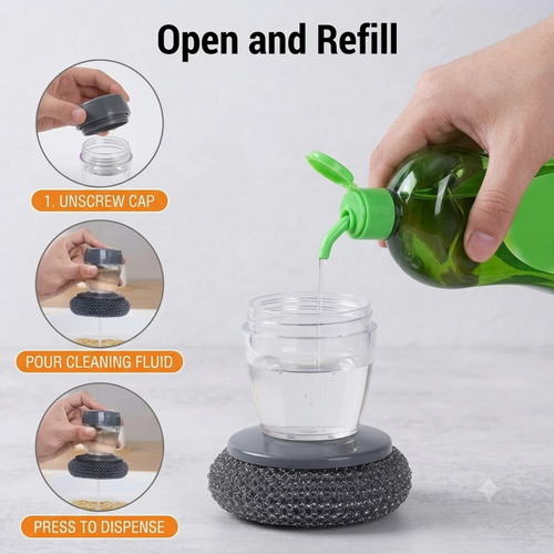 Dishwash Liquid Dispenser with Wire Scrubber Brush | For Kadai/Utensils and Sink Cleaning