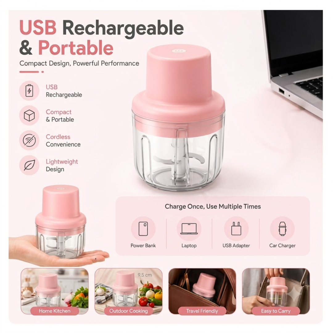 Electric Mini Garlic Chopper & Vegetable Cutter 250ml USB Rechargeable Cordless Food Processor