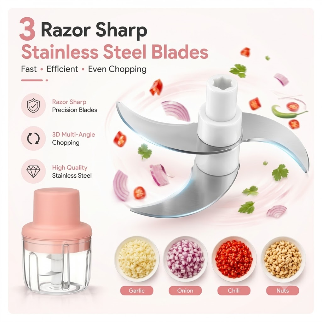 Electric Mini Garlic Chopper & Vegetable Cutter 250ml USB Rechargeable Cordless Food Processor