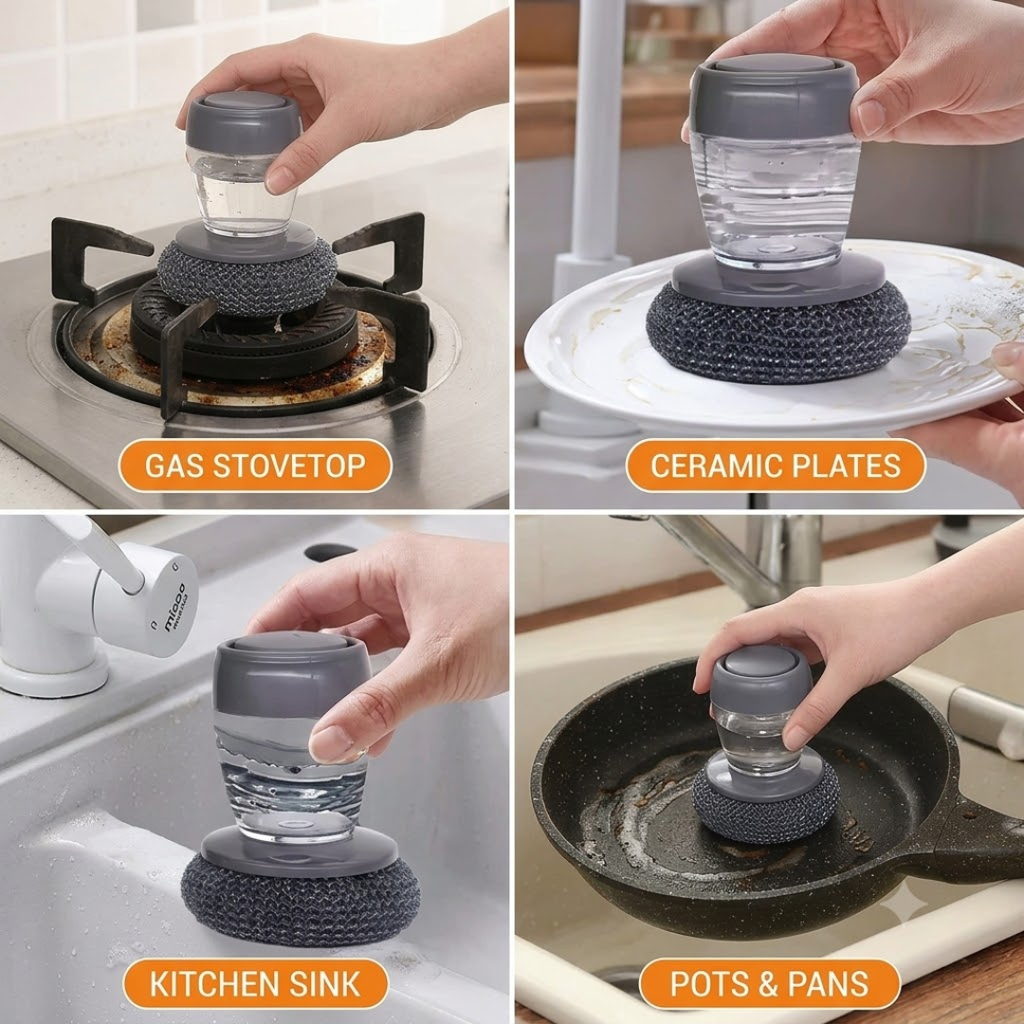 Dishwash Liquid Dispenser with Wire Scrubber Brush | For Kadai/Utensils and Sink Cleaning