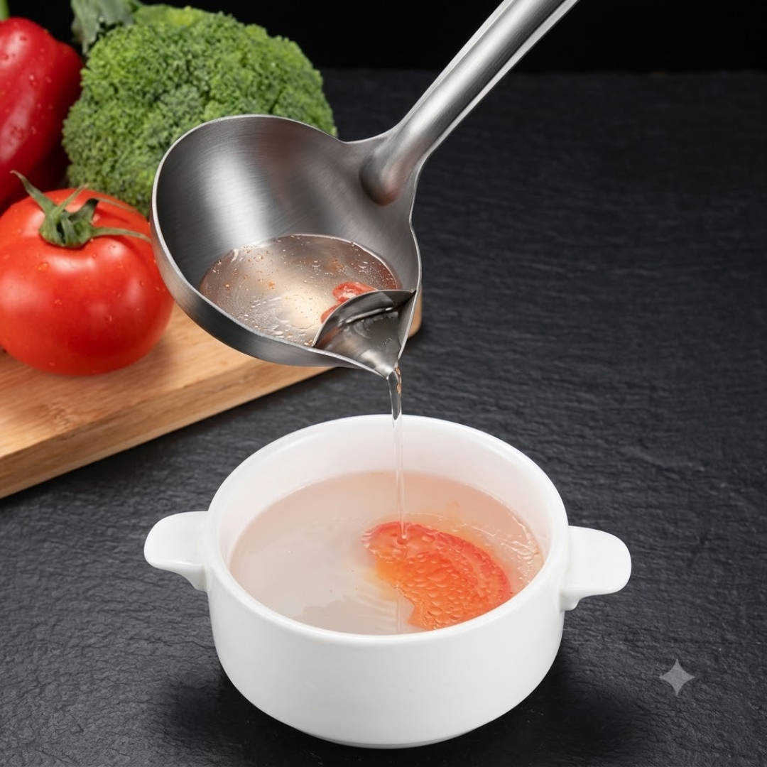 Stainless Steel Oil & Fat Separator Ladle – Grease Filter Spoon with Bottom Spout for Healthy Soups, Broths & Gravies