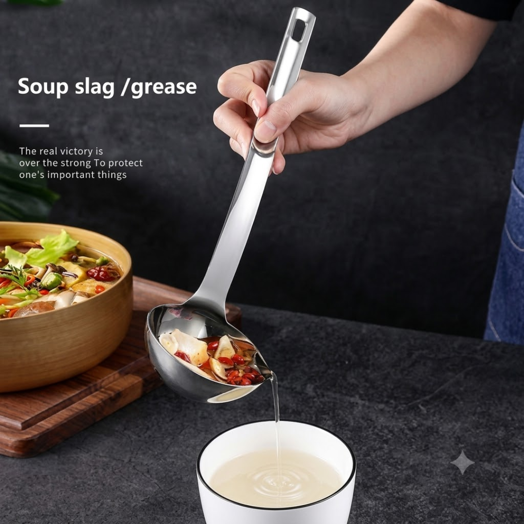 Stainless Steel Oil & Fat Separator Ladle – Grease Filter Spoon with Bottom Spout for Healthy Soups, Broths & Gravies