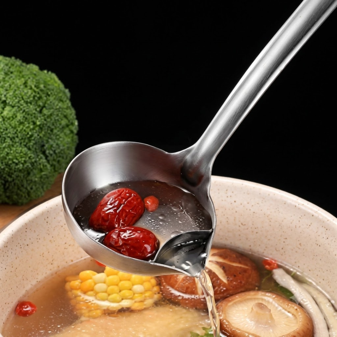 Stainless Steel Oil & Fat Separator Ladle – Grease Filter Spoon with Bottom Spout for Healthy Soups, Broths & Gravies