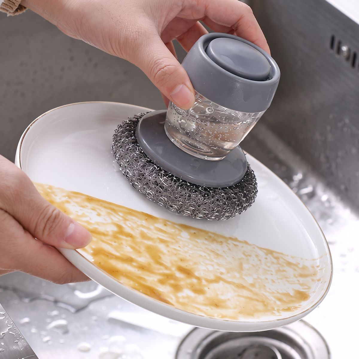 Dishwash Liquid Dispenser with Wire Scrubber Brush | For Kadai/Utensils and Sink Cleaning
