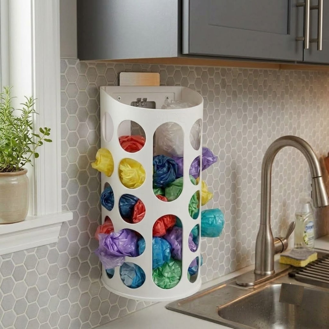Wall-Mounted Grocery Bag Dispenser & Multipurpose Kitchen Plastic Bag Organizer
