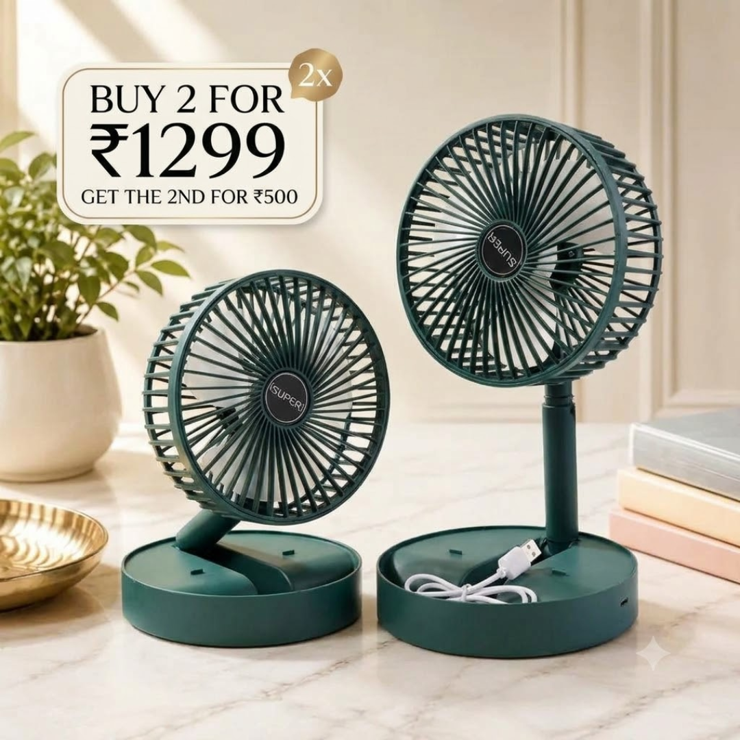 SuperFlex Telescopic Foldable Mini USB Desk Fan - Adjustable Height & Angle, Ultra-Quiet Personal Table Fan for Office, Study & Kitchen